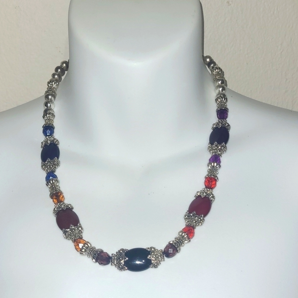 Necklace jasper crystal silver plated hardware green red orange